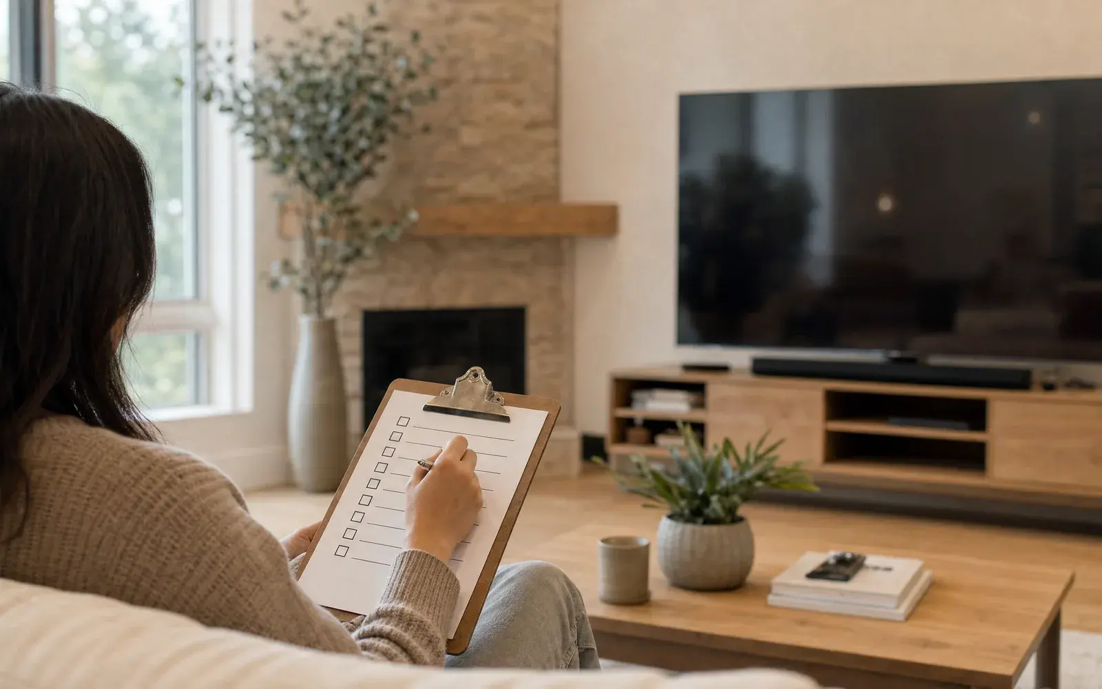 Person prüft mit Klemmbrett und Checkliste einen Streaming-Dienst, im Hintergrund ein eingeschalteter Fernseher in einem hellen Wohnzimmer