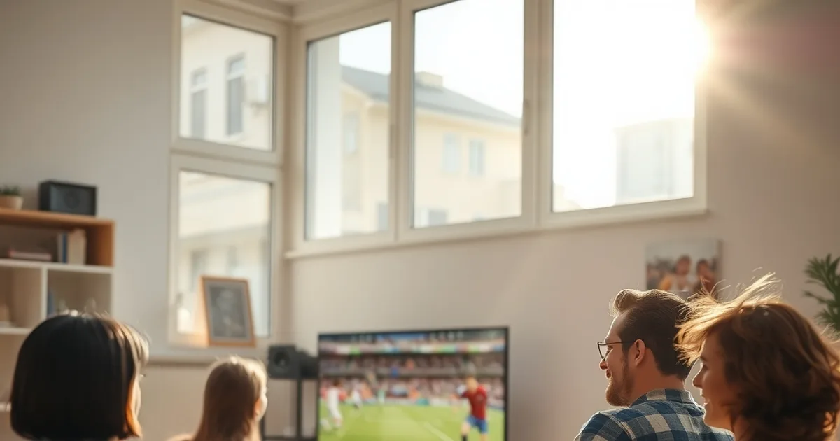 Eine Gruppe Freunde sitzt bei hellem Tageslicht entspannt im Wohnzimmer und schaut gemeinsam ein Bundesliga-Spiel.
