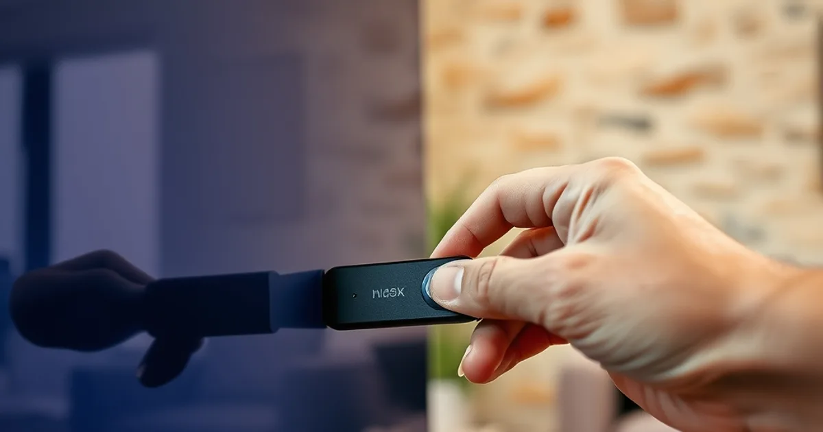 Hand steckt einen kleinen Streaming-Stick in den HDMI-Anschluss eines Fernsehers