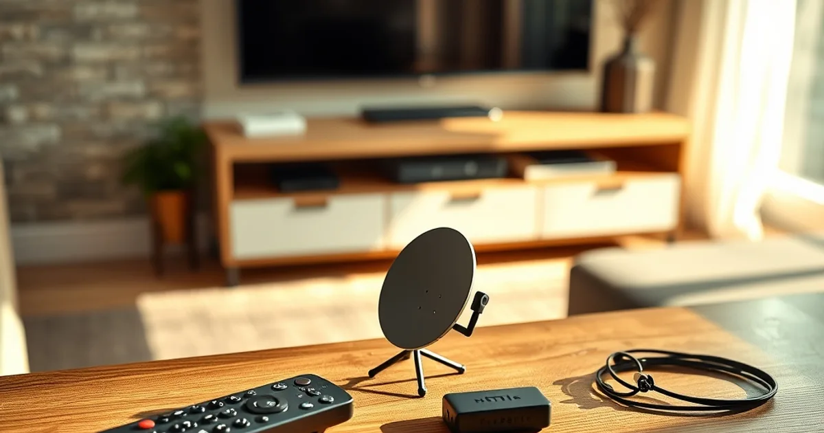 Fernbedienung, Satellitenschüssel-Modell und ein Streaming-Stick liegen nebeneinander auf einem Tisch, Vergleichs-Motiv