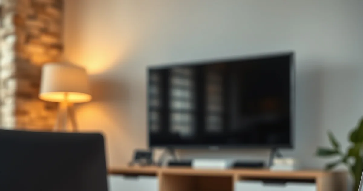 Aufgeschlagenes Notizbuch mit Stift neben einem Laptop, Fernseher im Hintergrund, ruhige Arbeitsatmosphäre