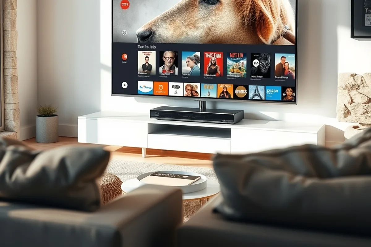Fernseher zeigt eine geordnete Übersicht aus Programmkacheln und Filmcovern in einem hellen Wohnzimmer